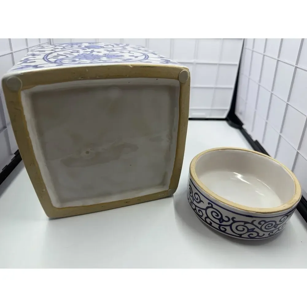 Vintage Asian Blue White Porcelain Tea Caddy, Lidded Jar, Lotus Flowers